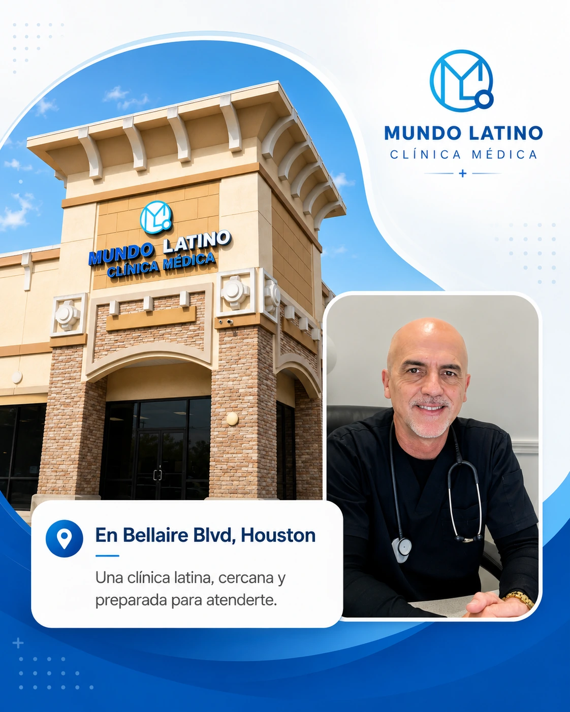 Fachada de Mundo Latino Clínica Médica junto al médico principal